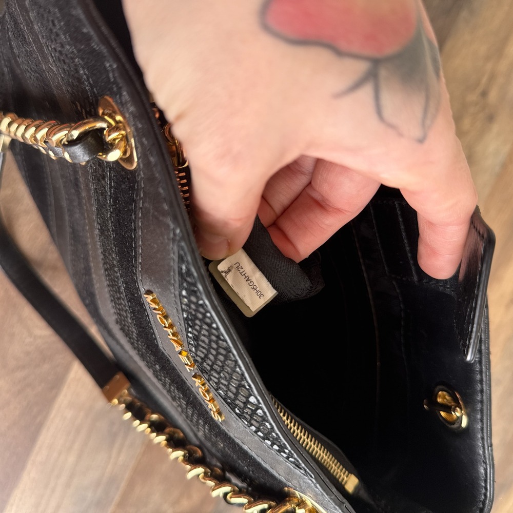 Michael‎ Kors Susannah Chevron Black Tote Bag Patchwork Snakeskin Embossed - Picture 13 of 16